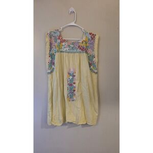 J. Marie Dress Womens Sz L Yellow Pinstripe Oaxaca Embroidered Floral Bohemian